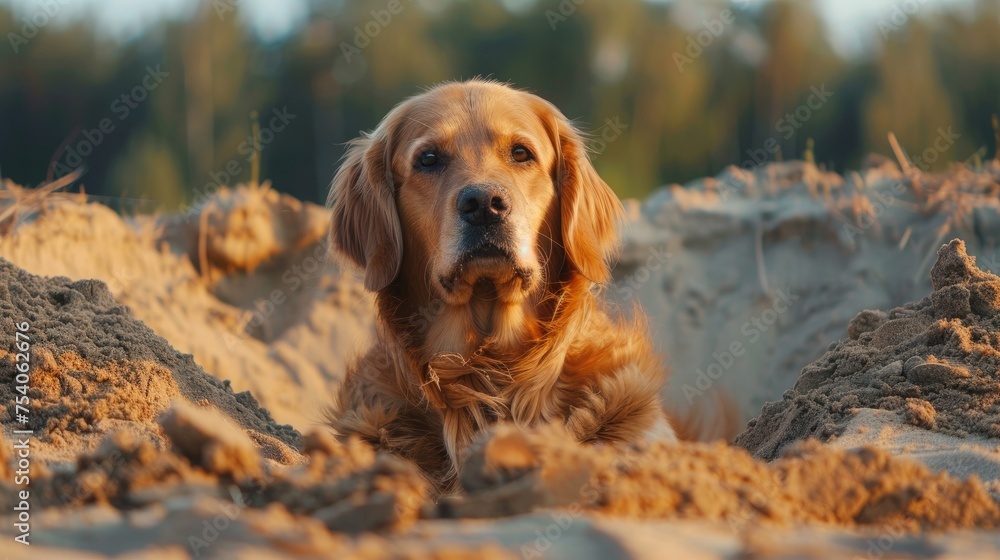 Wall mural A funny image of a dog excavating a big hole and sitting triumphantly next to it amid piles of sand surrounds the aftermath of the dog's digging expedition.  - Wall murals