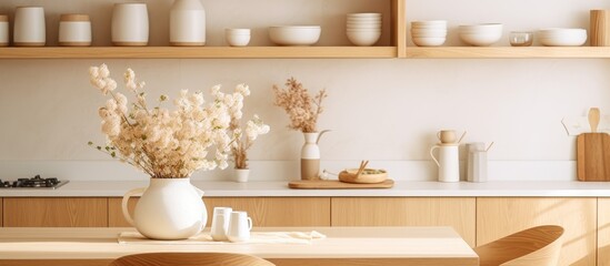 Fototapeta premium A white kitchen table in a cozy Scandinavian kitchen is adorned with a vase filled with colorful flowers. The kitchen features wooden accents and various kitchen utensils neatly arranged on shelves.
