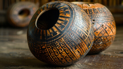 A large calabash gourd with intricate patterns etched into its surface used to hold and drink herbal teas. The inside of the gourd is stained with dark residue from years