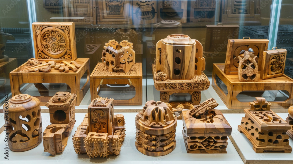 Poster a display of intricately carved wooden puzzle boxes with various shapes and designs showcasing the s