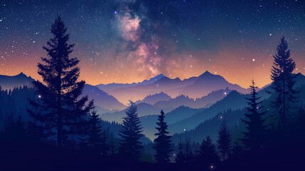 Fototapeta na wymiar Panorama landscape with milky way Night sky with stars and silhouette of pine tree. 