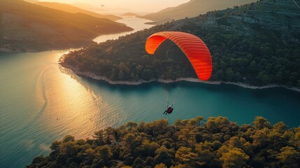 Aerial view of a single paramotor pilot flying over a forest near a reservoir lake on the northeast coast. - obrazy, fototapety, plakaty