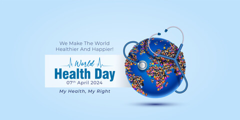 World health day promotional concept, theme design. Health care doctor stethoscope with group of people and World globe. 3D Vector illustration
