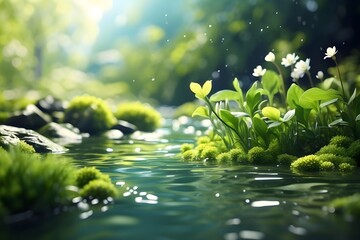 Obraz na płótnie Canvas Beautiful spring detailed close up stream of fresh water with young green plants. Horizontal banner, springtime concept. Abstract outdoor wild nature background. Generative AI