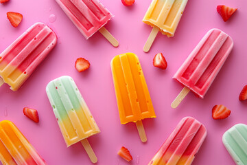Colorful popsicles on pink background 