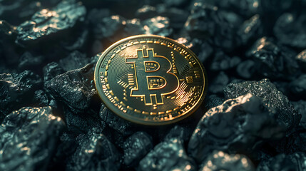 Bitcoin, the concept of virtual currency blockchain. Bitcoin model with coal background. Generative AI illustration 