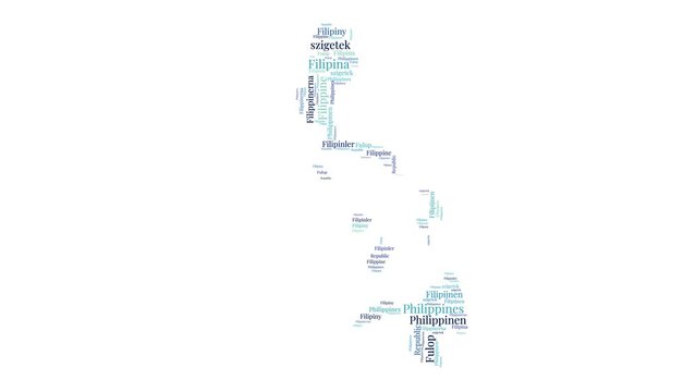 Philippines shape word cloud animation. Country boundary filled with country names animated. Philippines presentation video.