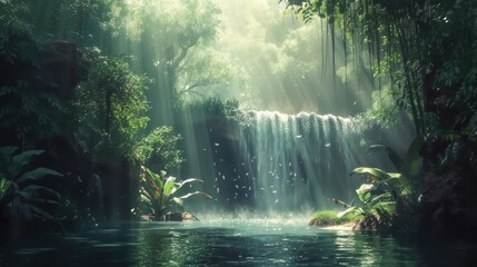 Sunbeams piercing through the dense canopy of a rainforest to highlight a secluded waterfall,...