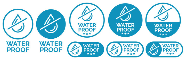 Set waterproof badge vector for product. Collection of water resistant signs. Water protection, liquid proof protection. Shield with water drop. Anti wetting material, surface protection.