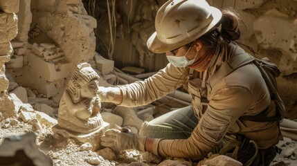 Fototapeta premium A dusty archaeologist carefully examines a delicate intricately carved figurine found within a crumbling temple.