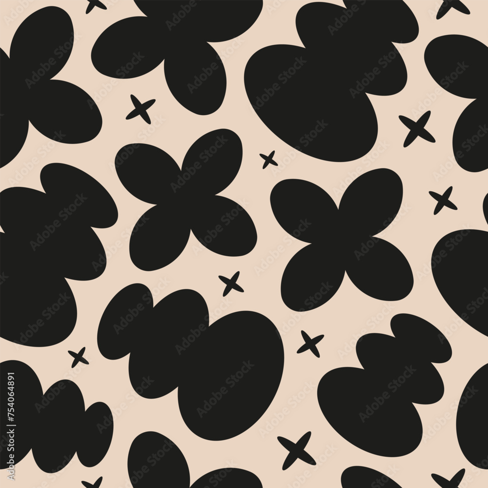 Poster abstract seamless pattern with black retro organic shapes on a beige background. vector illustration