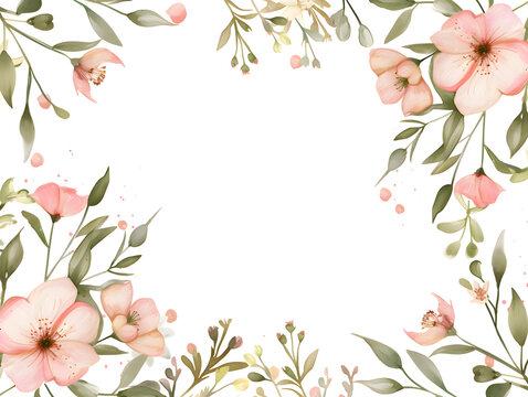 A photorealistic image of a rectangular picture frame decorated with pink and cream colored flowers.  The frame adds a touch of elegance to any artwork or photograph.