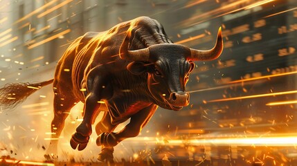 Illustrate a dynamic scene of a bull charging forward in a stock market setting with a background of an exponential stock graph - obrazy, fototapety, plakaty