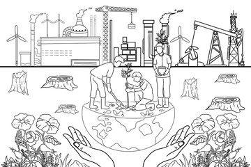 Obraz premium Sketch illustration of protecting the environment from illegal logging of forests and land exploited by industrial companies