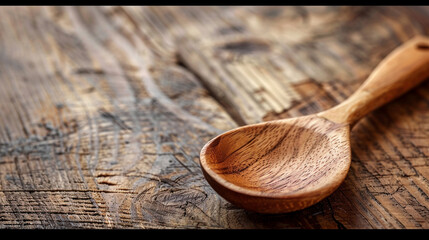 wooden cutlery spoon close shot from above - obrazy, fototapety, plakaty