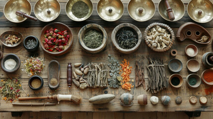 A selection of traditional medicinal roots and herbs laid out on a wooden table along with an assortment of singing bowls and gongs showcasing the harmonious blend of ancient