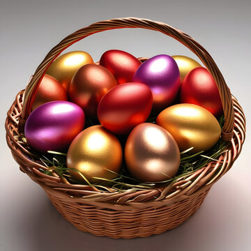 Easter basket filled with colorful eggs. Easter concept.