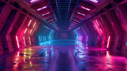 Empty Giant Spacecraft Hangar in Rainbow Tone Color Palette, Featuring a Futuristic and Vast Concept of Technology and Exploration
