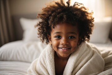 a very cute little black african baby kid with afro hair wrapped in soft white blanket on a bed.