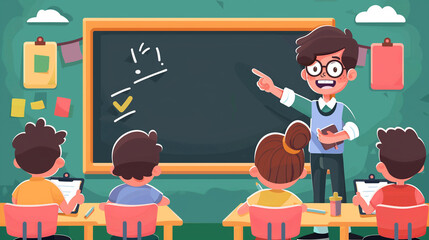 teacher in front of the class pointing to blackboard 