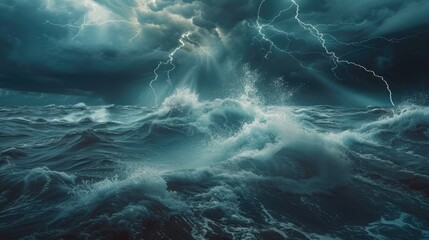 Ocean waves that are rough and turbulent beneath a stormy sky, with several lightning bolts that appear to have been hurled by a supernatural force, emphasizing the ocean's wrath.  - obrazy, fototapety, plakaty