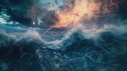 Rough, tumultuous ocean waves under a tempestuous sky, with multiple lightning bolts branching out, as if thrown by a divine force - obrazy, fototapety, plakaty