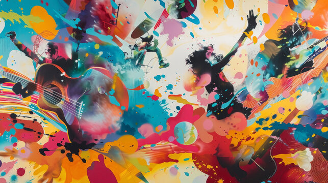 An abstract mural with bold splashes of color showcasing an otherworldly landscape with distorted figures playing various instruments and lyrics floating in the air.