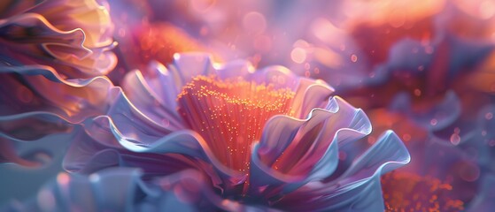 Daisy Bloom: Extreme macro view unveils the delicate wavy layers of 3D daisy petals, blooming with detail. - obrazy, fototapety, plakaty