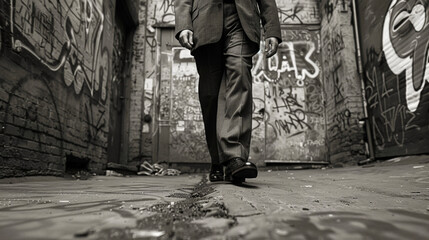 A man in a tailored threepiece suit from the 1940s walks through a graffiticovered alley his fedora hat and polished shoes a stark contrast to the gritty urban surroundings.