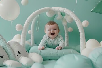Against a solid mint green canvas, the most adorable baby explores a soft, sensory play area,...