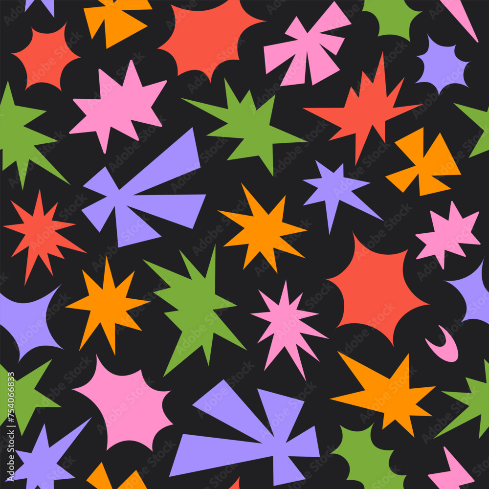 Poster abstract seamless pattern with colorful retro funky shapes on a black background. trendy geometric c