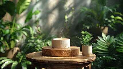 Eco-Friendly Product Showcase on Wooden Podium Surrounded by Lush Green Plants, Bathed in Soft Natural Sunlight with Recycled Materials Banner Template - Concept of Sustainability and Organic Living