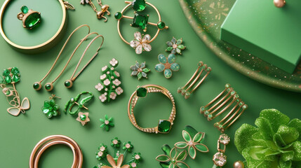 A collection of green accessories from sparkly pins and earrings to colorful bangles and bracelets providing a subtle nod to the holiday for those who prefer a more lowkey