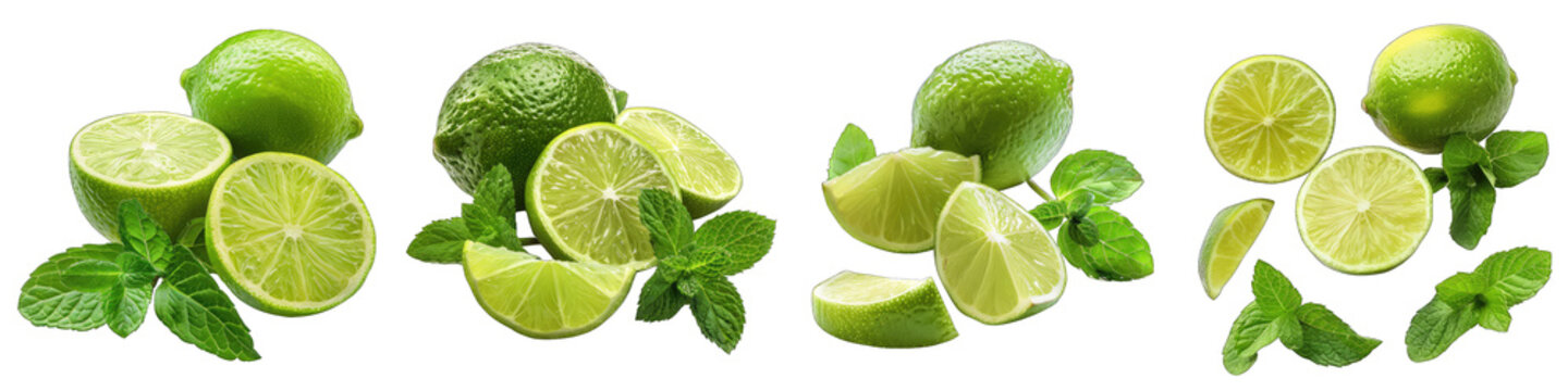 Fresh limes and mint leaves  Hyperrealistic Highly Detailed Isolated On Transparent Background Png File