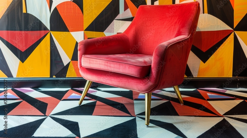 Poster vibrant geometric patterns adorn the walls and floor adding a touch of modern flair to the space.