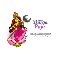 Vibrant illustration of Goddess Durga holding a trident and lotus on a white background. Highlights the cultural and religious significance of Durga Puja festival, symbolizing power and protection