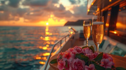 Elegant Yacht Party with Champagne Tower on Deck, Guests in Chic Summer Attire Enjoying Sunset Ocean View, Sophisticated Nautical Theme Concept