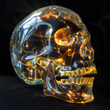 Transparent skull in the dark with orange light