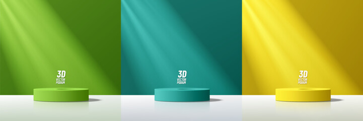 Set of green, blue, yellow cylinder pedestal podium display, Empty room background. Abstract modern vector rendering 3d shape for products display presentation. Pastel minimal wall scene, Studio room.