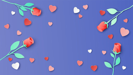 Red rose background with Hearts on Valentine's day. Love Invitation card for Valentine's day. paper cut and craft style. vector, illustration.