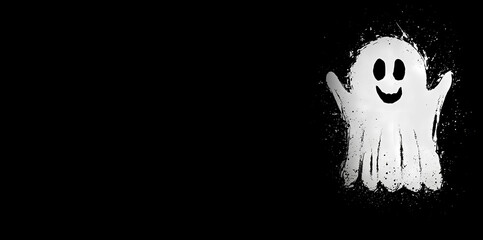 a minimal white ink splash of a happy ghost on black background.