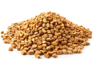Fototapeta premium A pile of fenugreek is spread out on a white background. The fenugreek are small and brown, and they are scattered all over the surface. Concept of abundance and variety