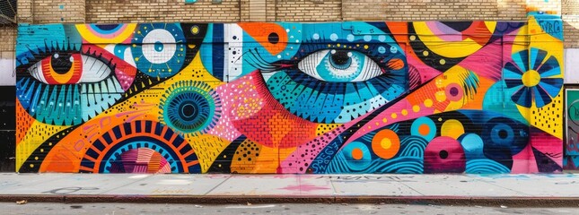 Vibrant street art mural featuring bold eyes amidst an abstract, colorful geometric backdrop on an urban wall.