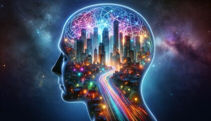 Fototapeta premium Conceptual image of a human head silhouette with a brain made of bustling cityscape, representing complex thoughts and urban consciousness
