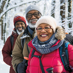Fototapeta premium Senior Friends on winter hike in snowy forest.