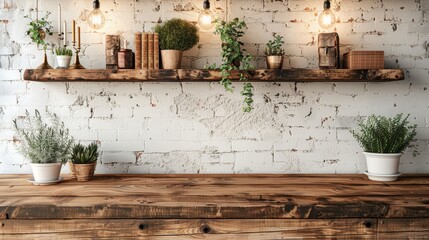 Fototapeta na wymiar Warm Wooden Podium Amidst Vintage Decor and Hanging Edison Bulbs Against Cool Brick Walls, Emanating Rustic Elegance and Modern Flair Concept