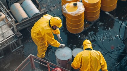 Workers in protective gear carefully handling hazardous materials used in the production process ensuring a safe working environment.