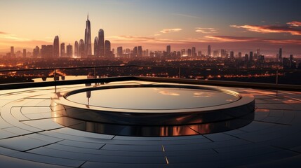 Naklejka premium Mirror-Finish Podium on Rooftop at Dawn for Watch Unveiling, City Skyline in Background, Exclusive and Sophisticated Concept