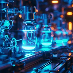 Detailed 3D close-up of futuristic sci-fi lab equipment glowing blue