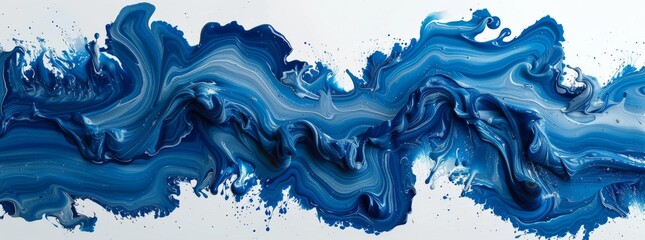 Dynamic blue acrylic wave painting with splatters, creating an energetic and fluid motion effect.
